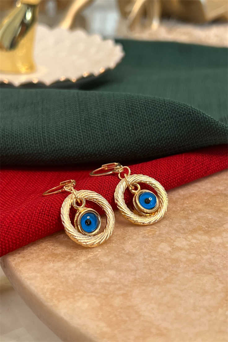 Daire Ve Nazar Sallantılı Halka Küpe Gold