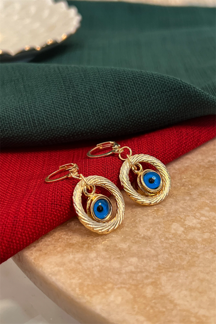 Daire Ve Nazar Sallantılı Halka Küpe Gold