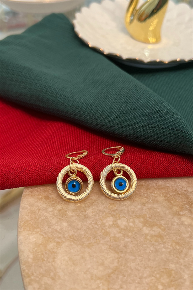 Daire Ve Nazar Sallantılı Halka Küpe Gold
