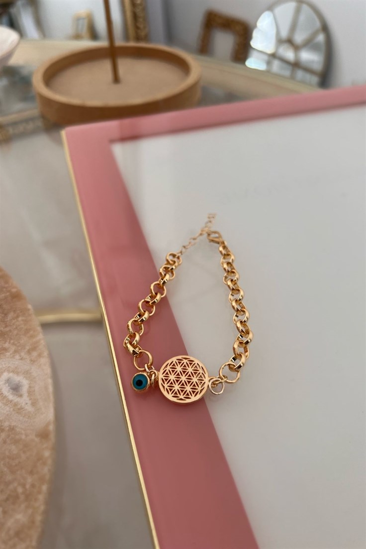 Daire Zincirli Yaşam Çiçeği Bileklik Gold