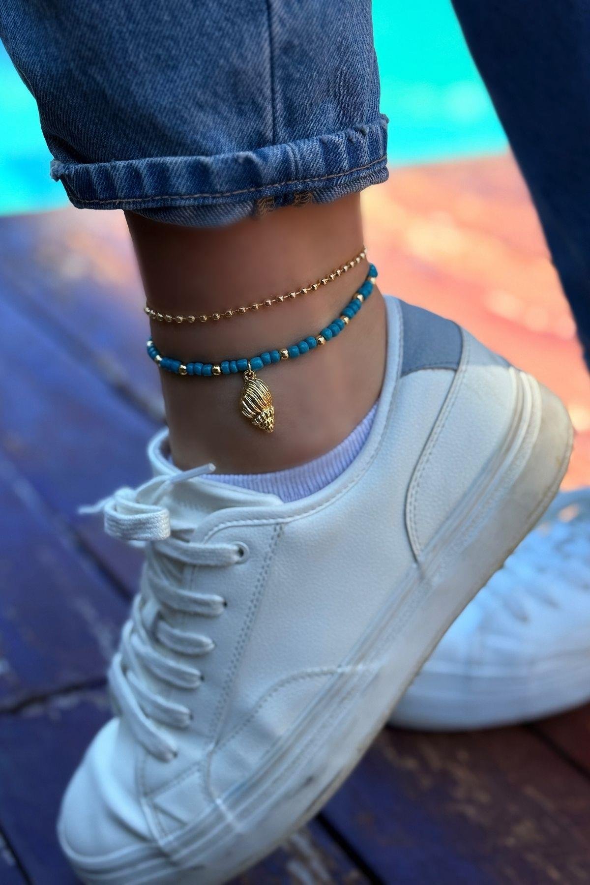 Deniz Minaresi Turkuaz Boncuklu Halhal Kombini (2 Adet)