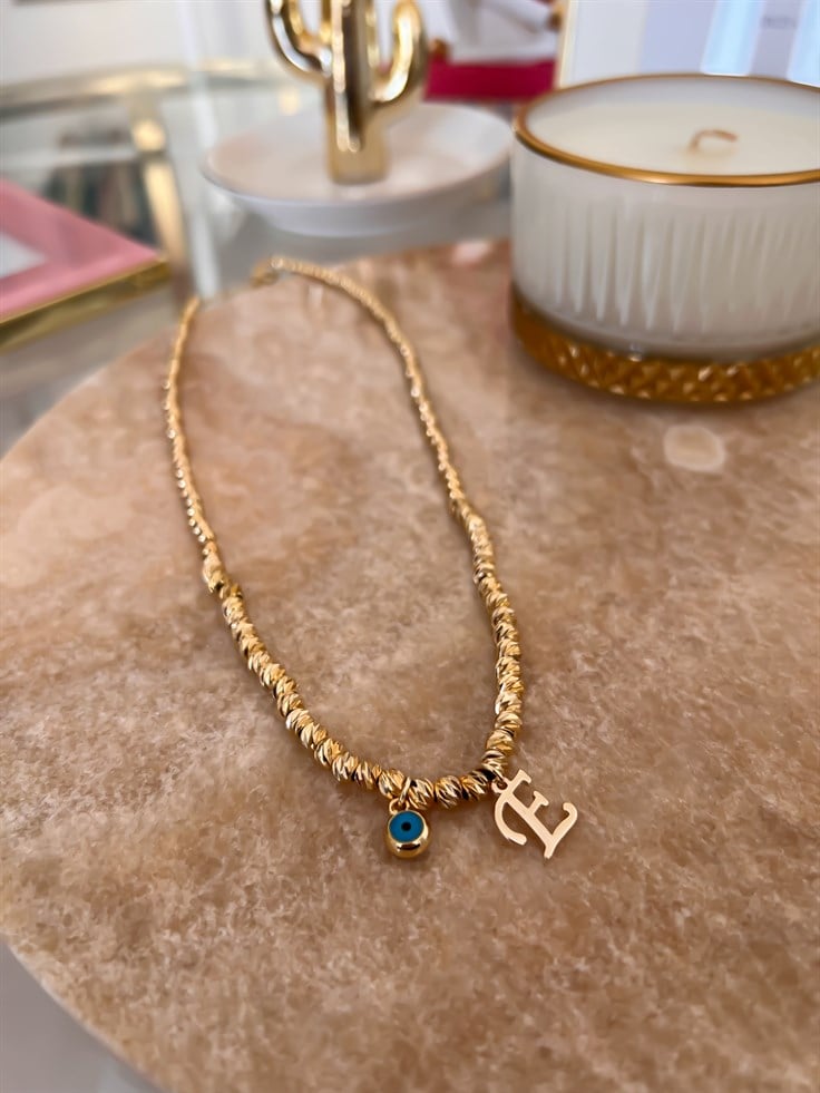 E Harfli ve Nazar Detaylı Dorika Kolye Gold