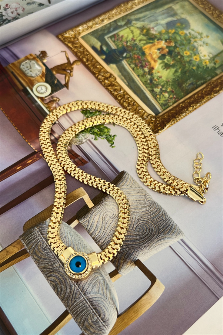 Ezme Zincir Model Ortası Nazarlı Kolye Gold
