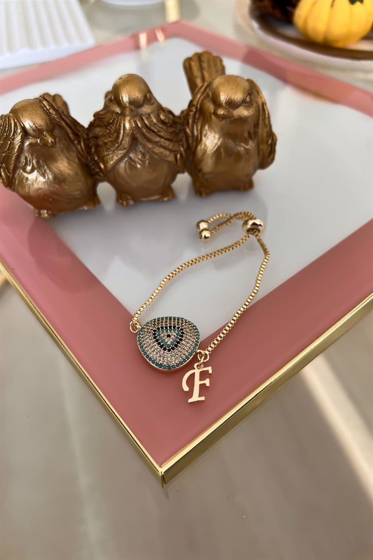 F Harfli Vip Nazar Model Asansör Ayarlı Bileklik Gold