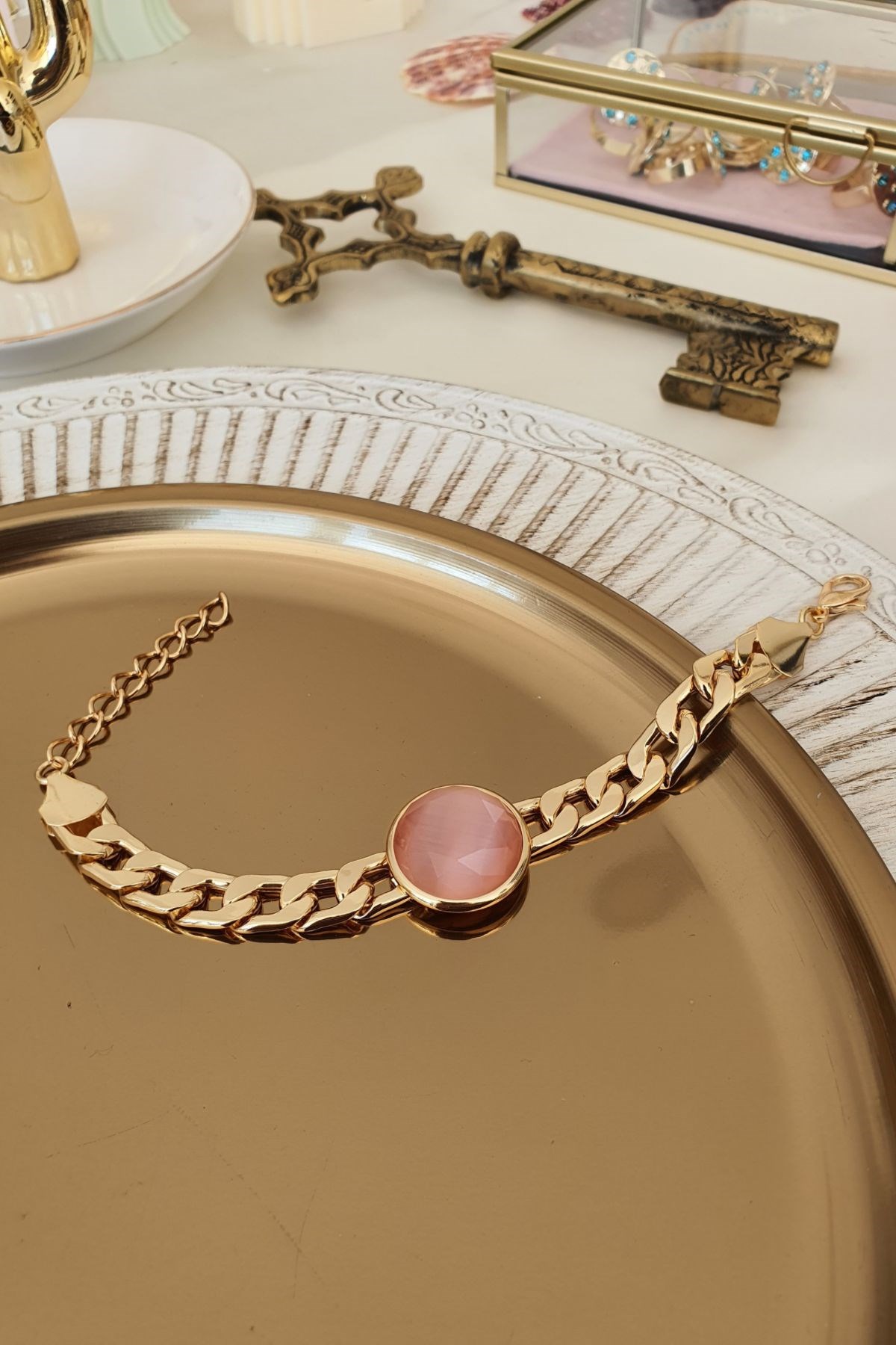 Fasetli Pembe Renk Cat Eyes Bileklik Gold