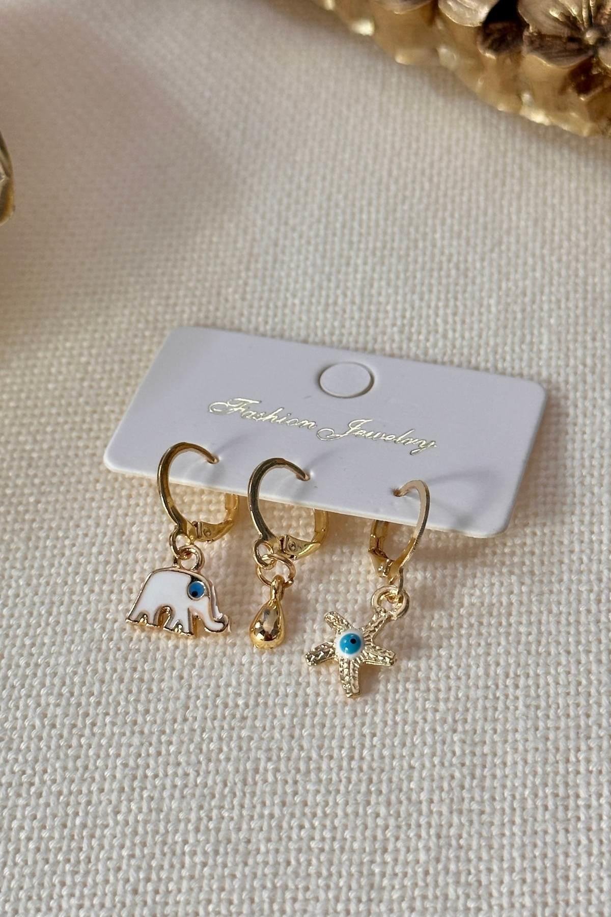 Fil, Damla ve Deniz Yıldızı Figürlü Set Küpe