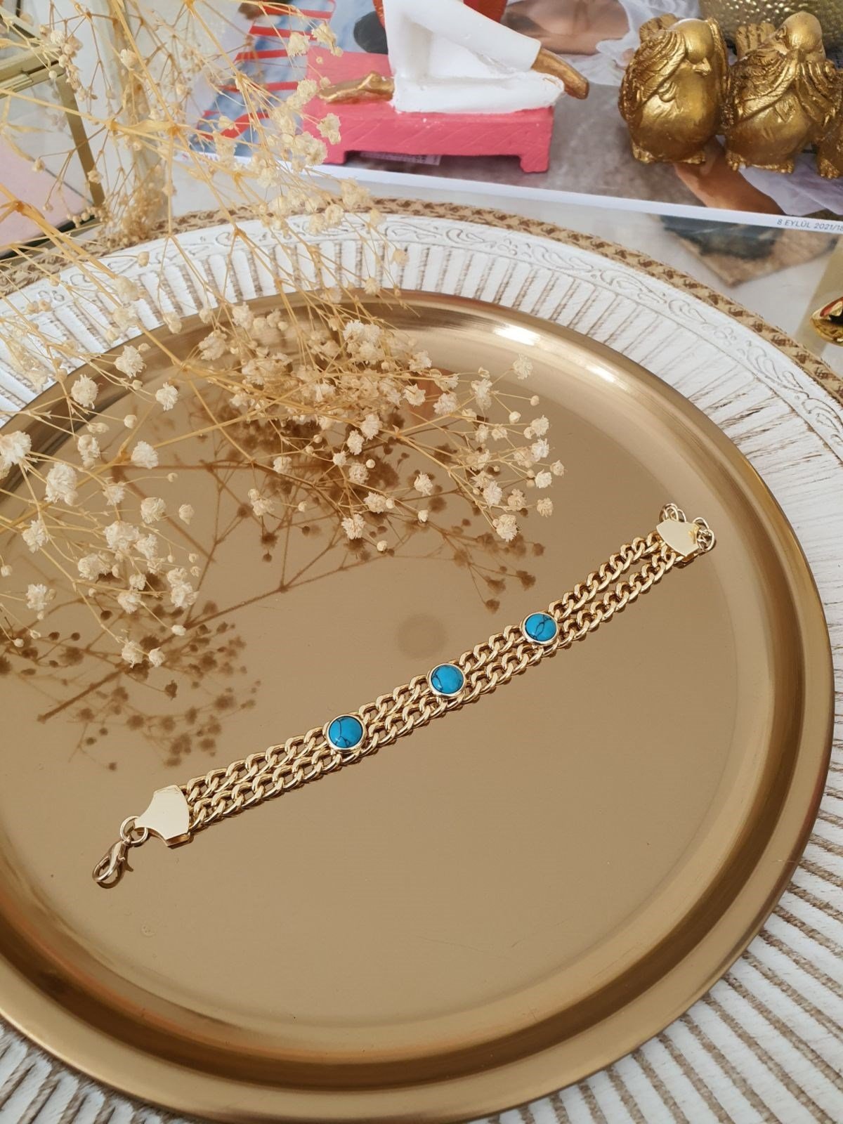 Firuze Taşlı Çift Zincirli Künye Gold