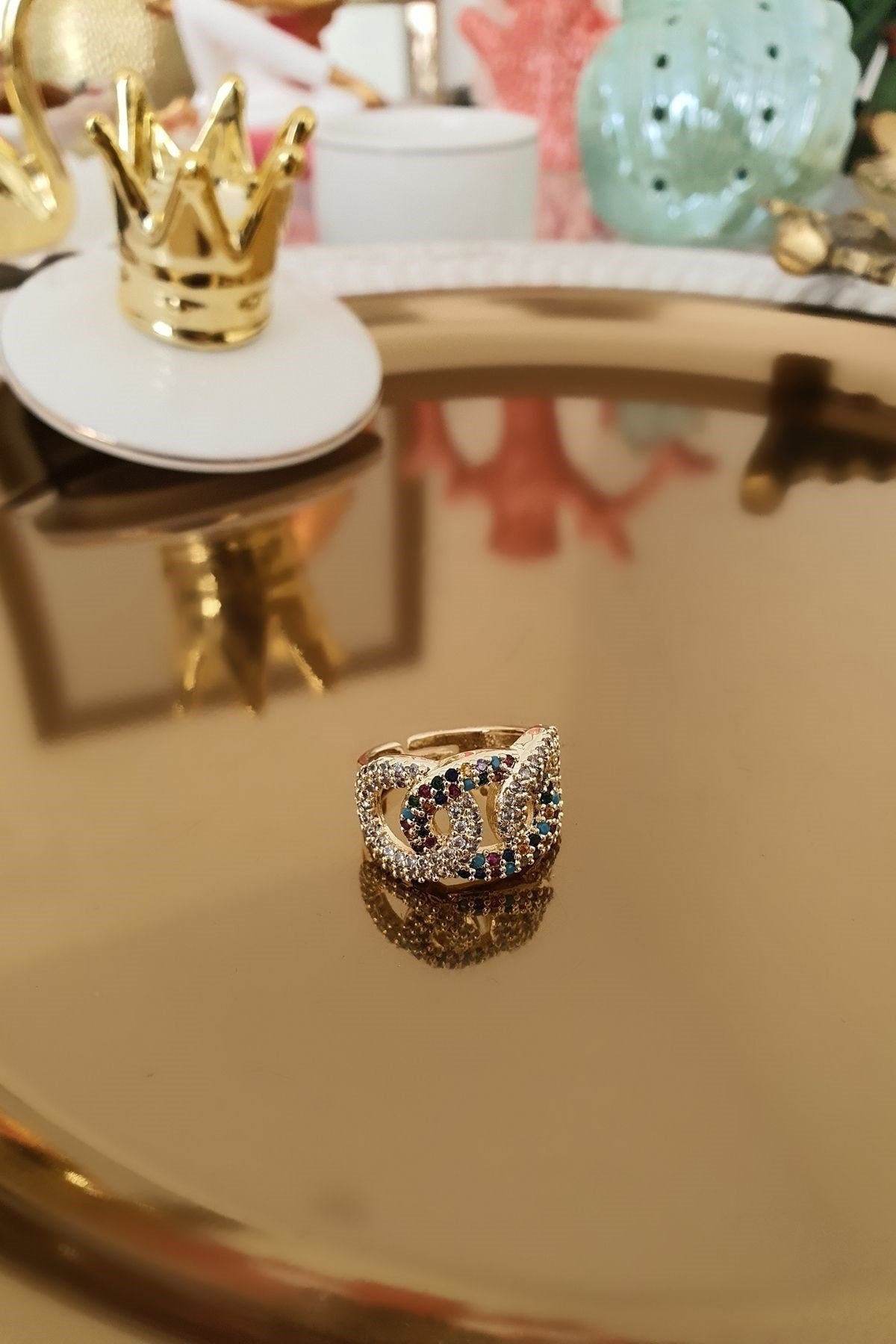 Full Renkli Zirkon Taşlı Sarmakl Model Yüzük Gold