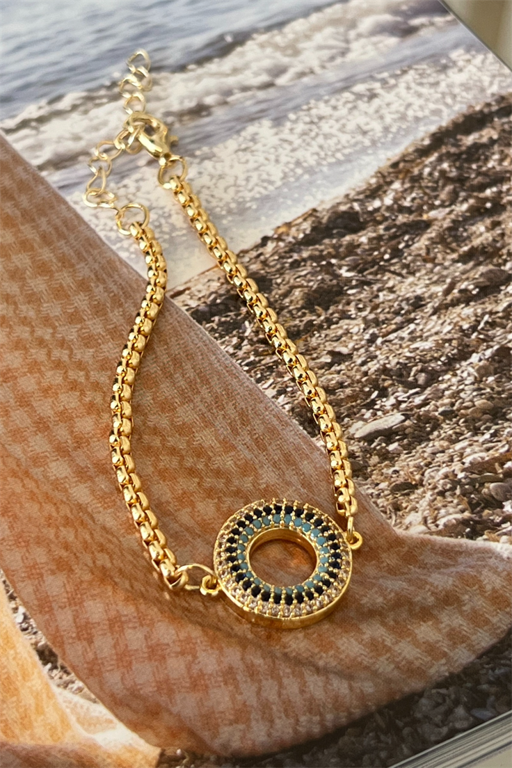 Full Zirkon Taşlı Daire Model Yılan Zincirli Bileklik Gold