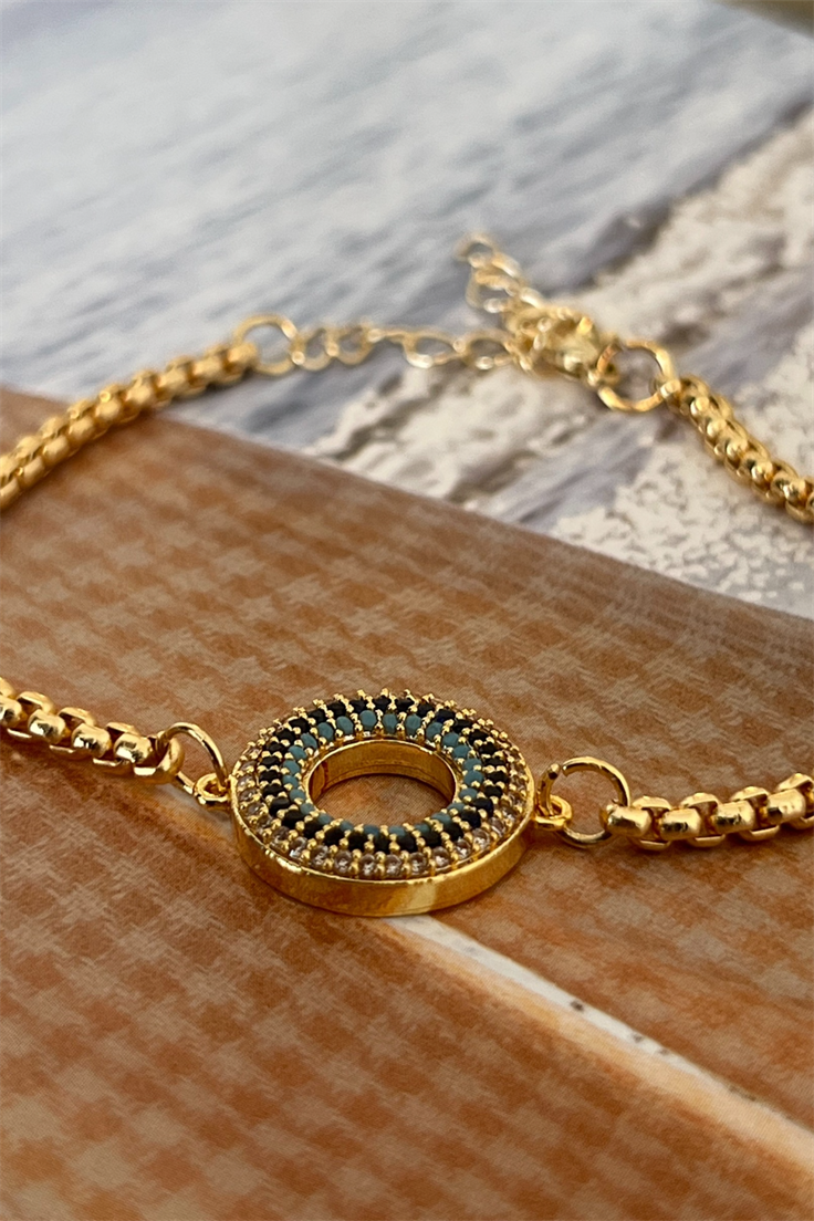 Full Zirkon Taşlı Daire Model Yılan Zincirli Bileklik Gold