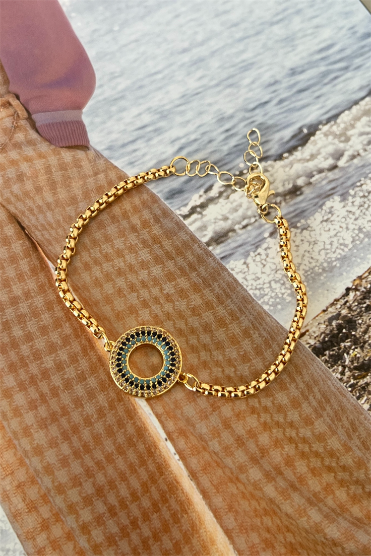 Full Zirkon Taşlı Daire Model Yılan Zincirli Bileklik Gold