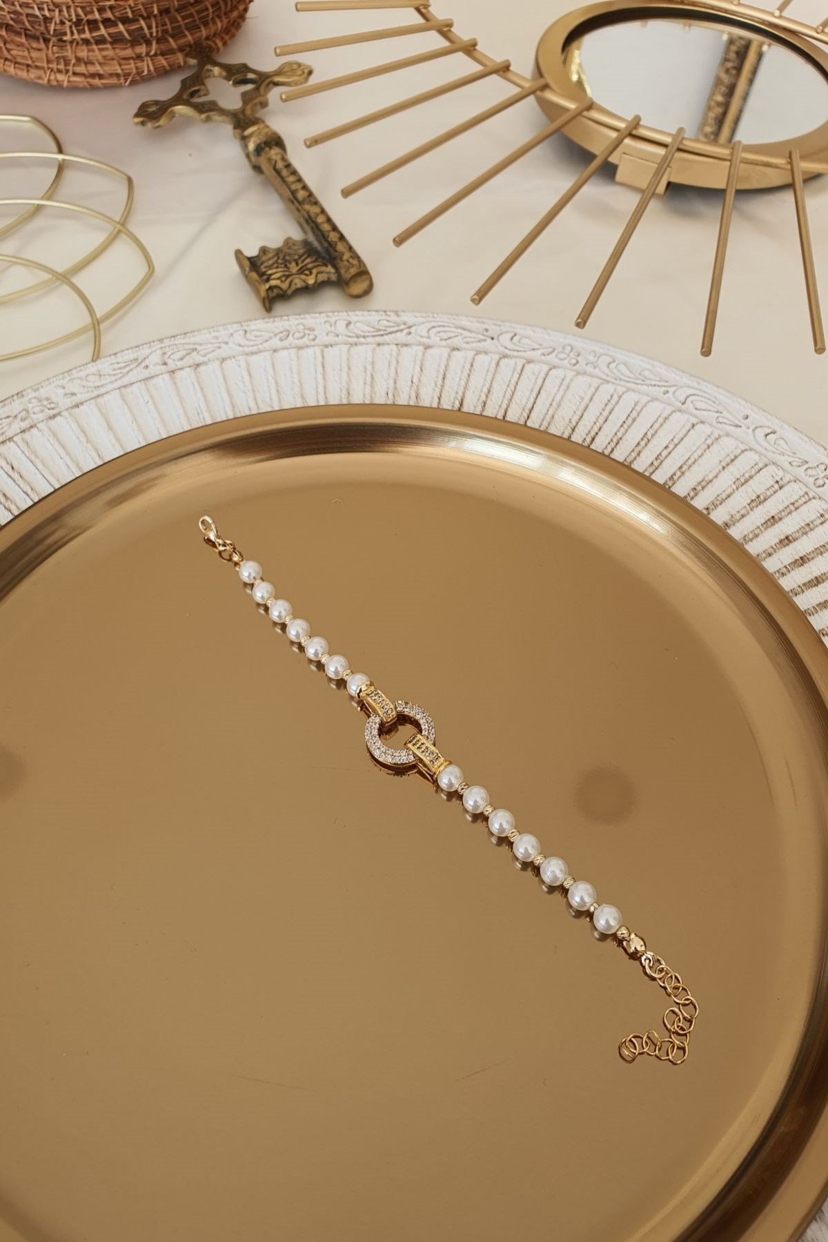 Full Zirkon Taşlı İnci Model Bileklik Gold