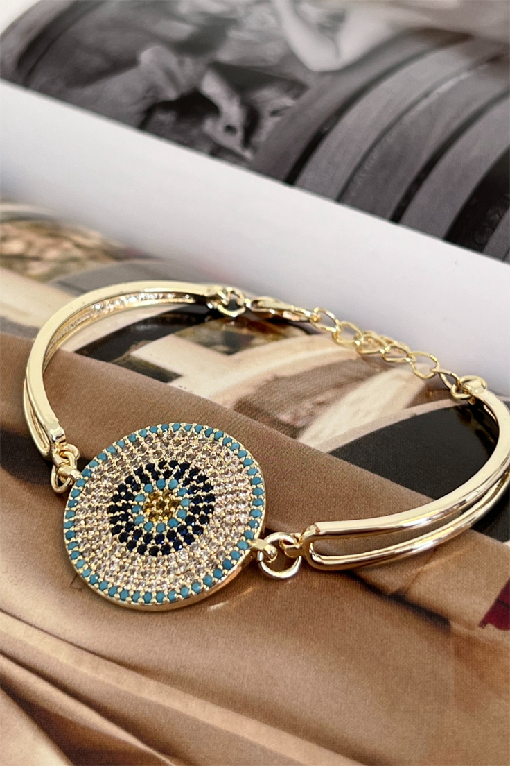 Full Zirkon Taşlı Vip Model Yanları Plaka Bileklik Gold