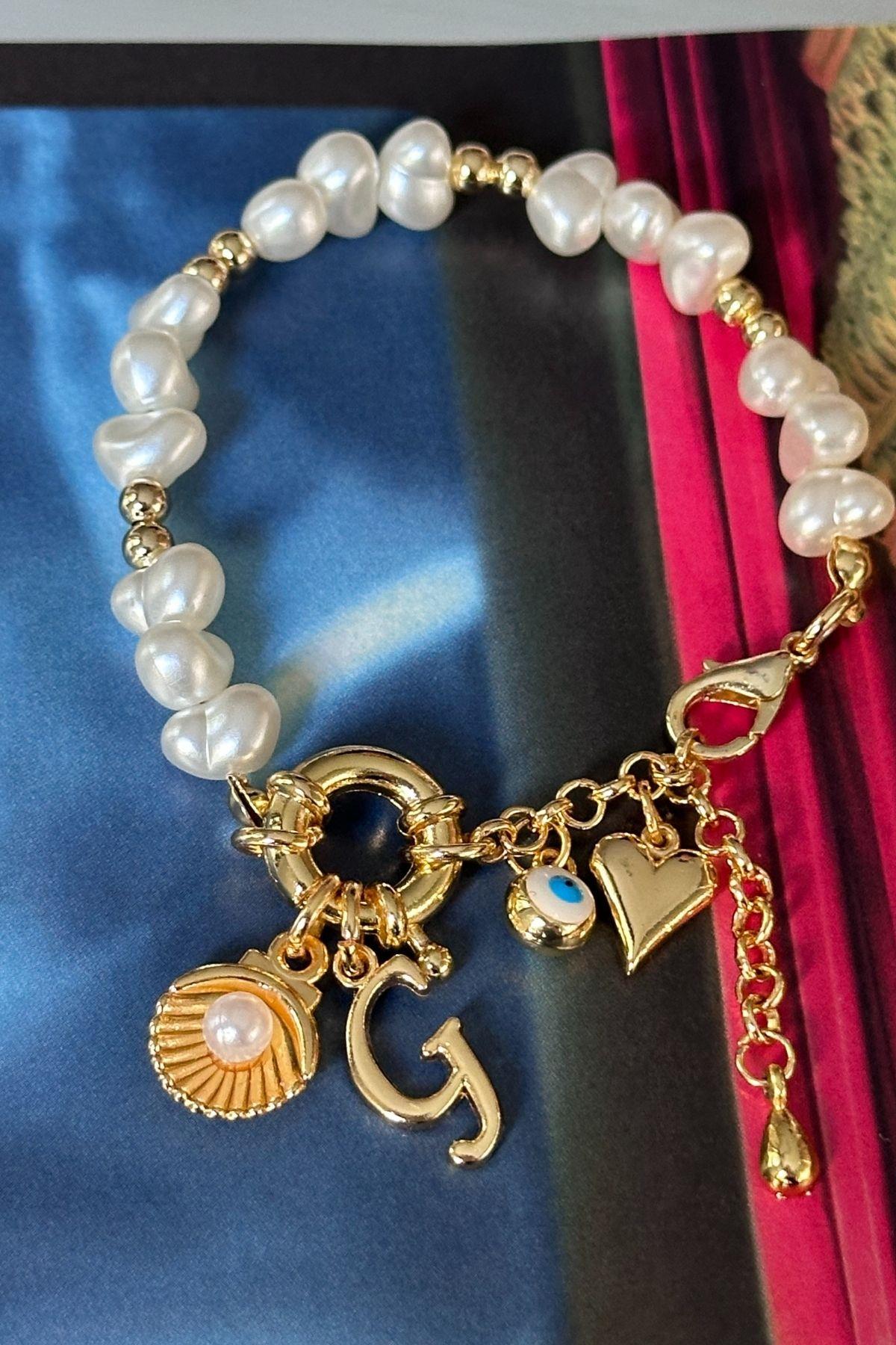 G Harfli İnci Model İstiridye,Nazar ve Kalp Sallantılı Tasarım Bileklik