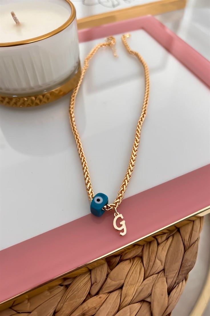 G Harfli ve Nazar Sallantılı Örme Zincirli Kolye Gold