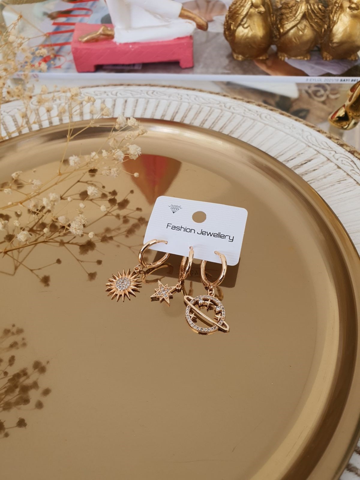 Gezegen Güneş Model Set Küpe Gold