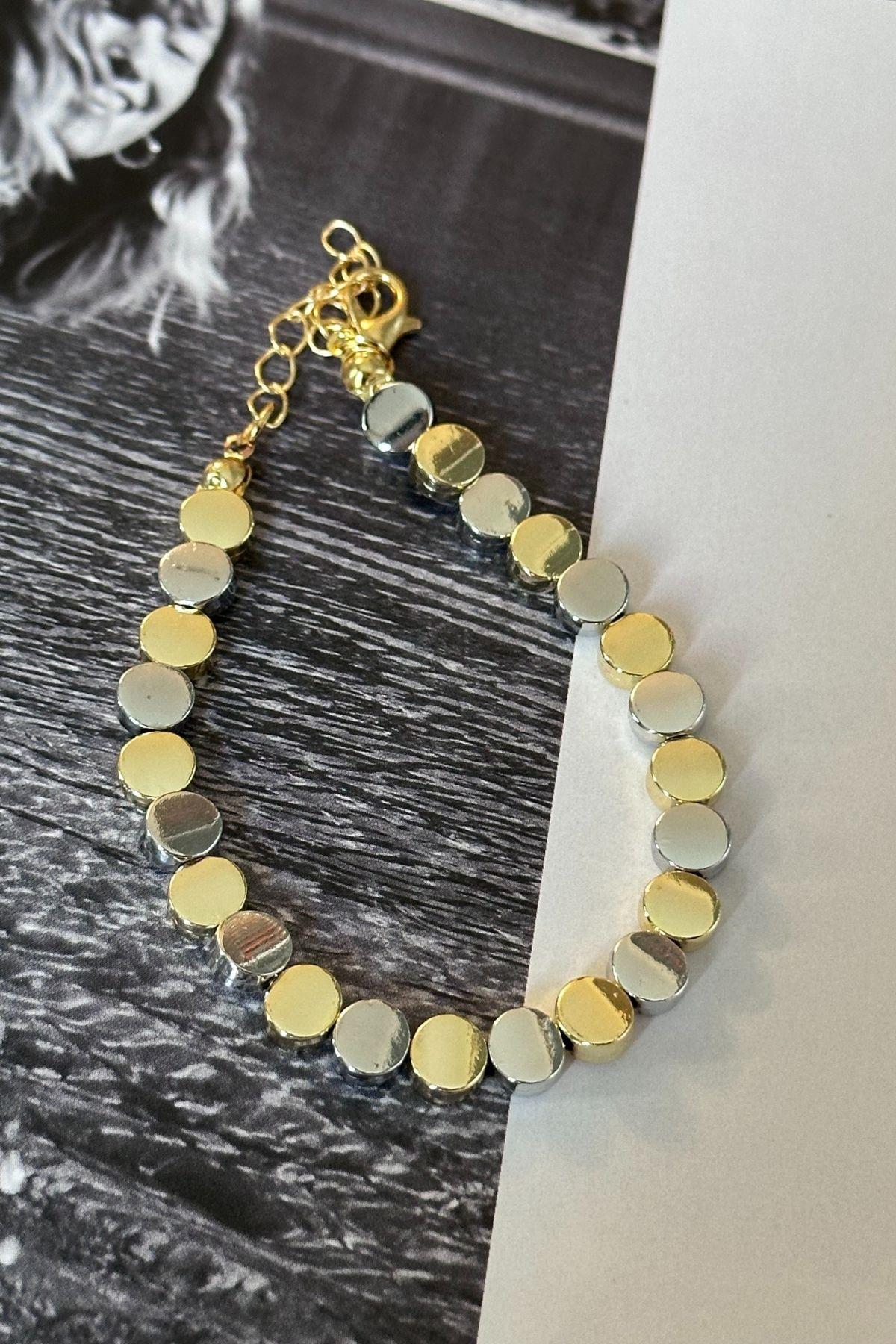 Gold Gümüş Sıralı Daire Bileklik