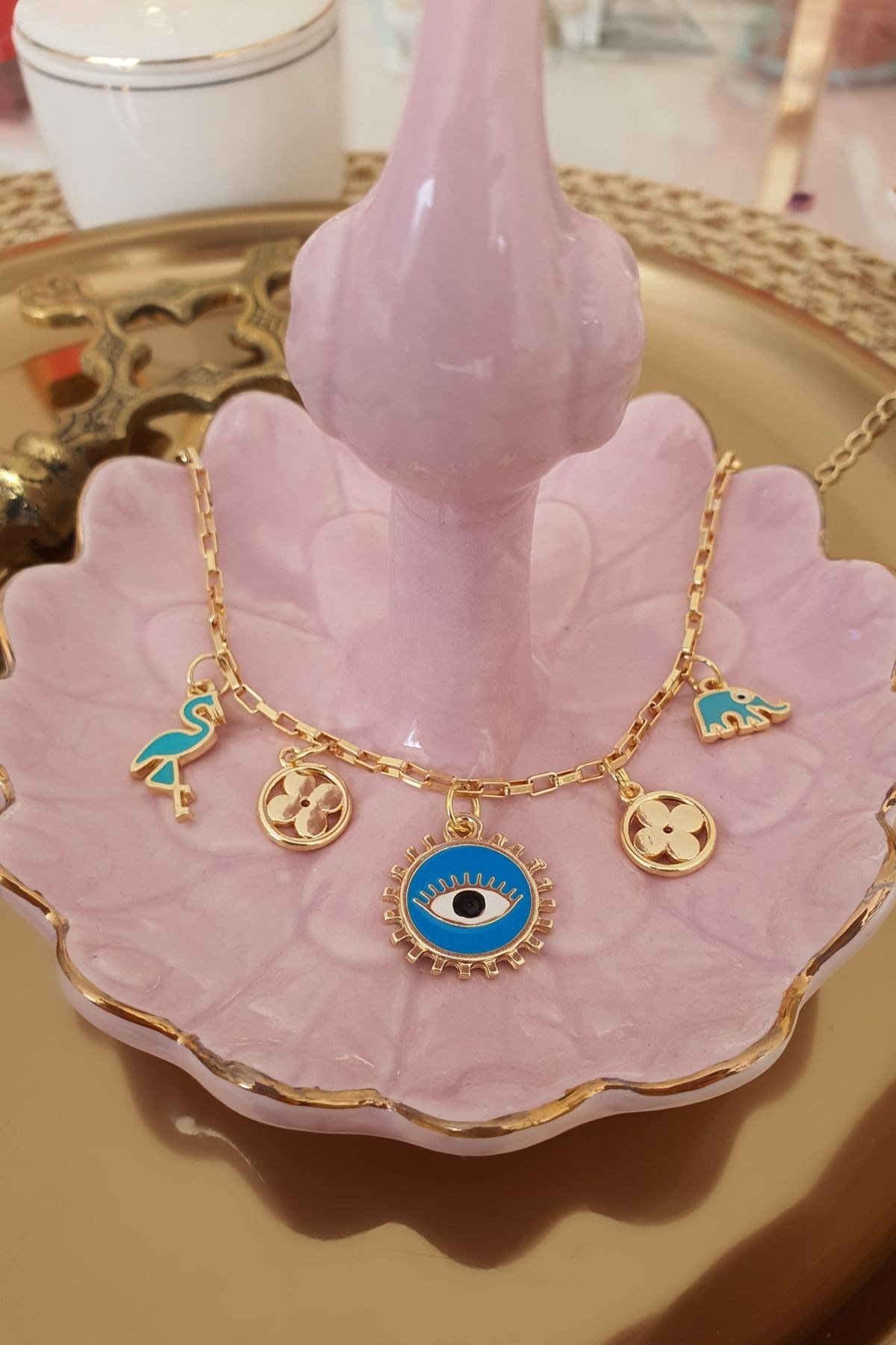 Göz, Flamingo ve Fil Sallantılı Şans Halhalı Gold