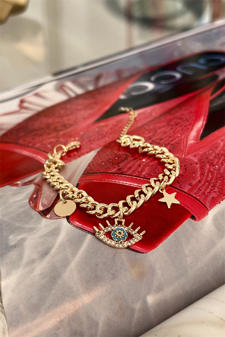 Göz Yıldız Ve Pul Sallantılı Bileklik Gold