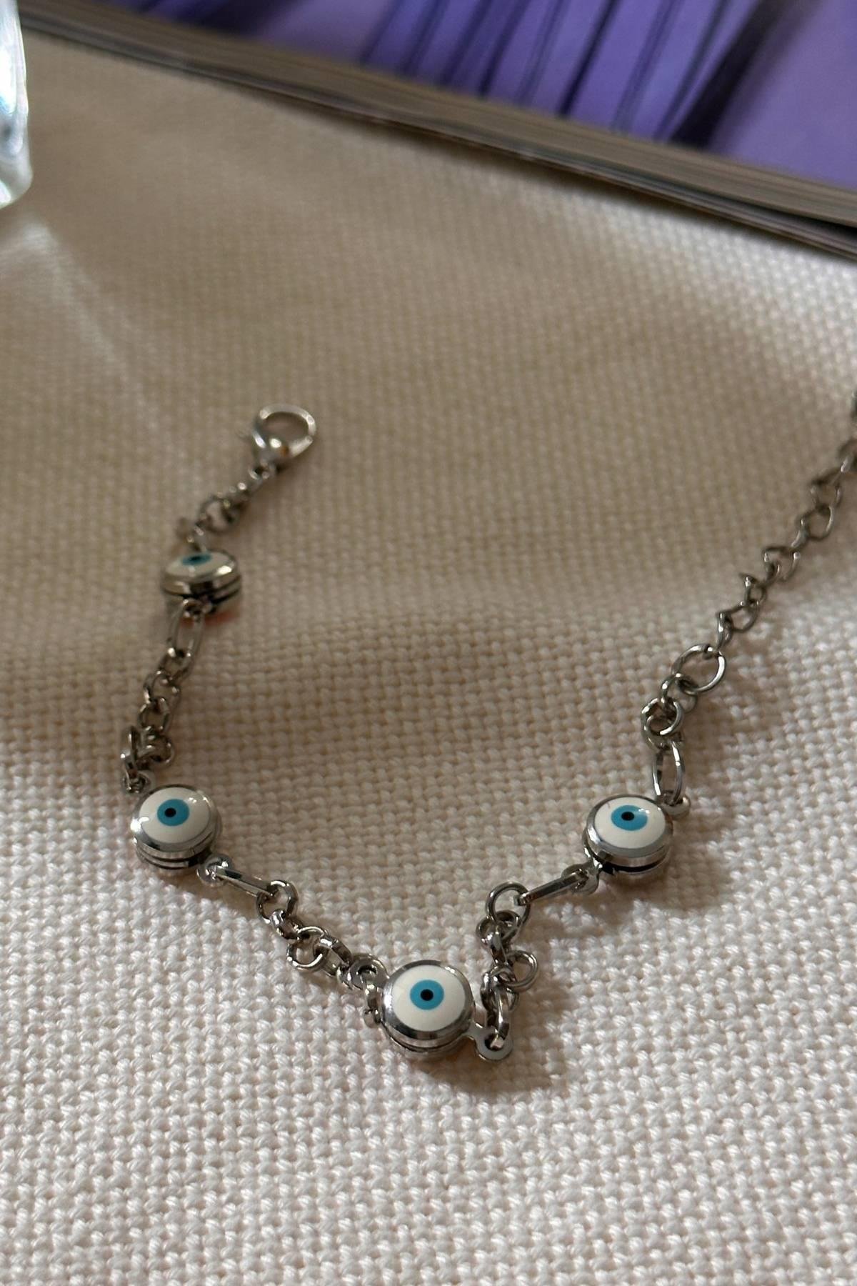 Gümüş Renk Beyaz Mineli Nazar Bileklik