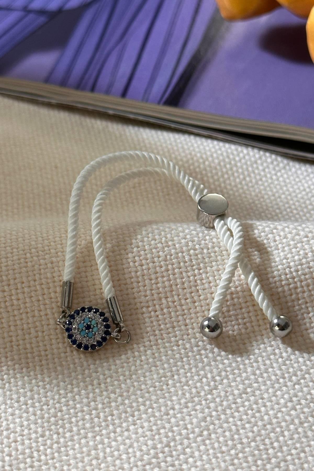 Gümüş Renk Nazar Model Beyaz Asansör Ayarlı Bileklik