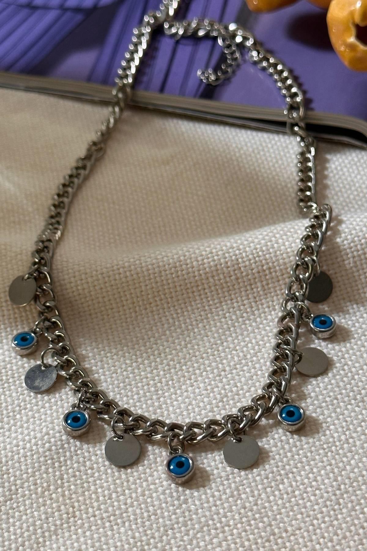 Gümüş Renk Nazar Pul Sallantılı Kolye