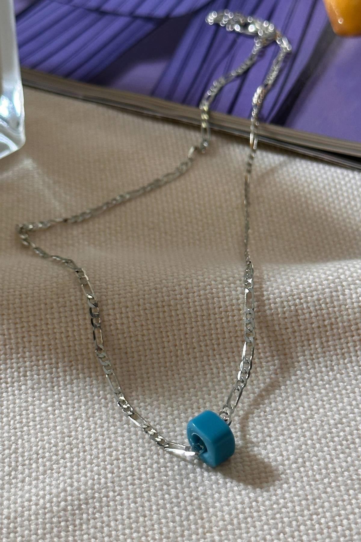 Gümüş Renk Nostalji Zincirli Boncuk Kolye