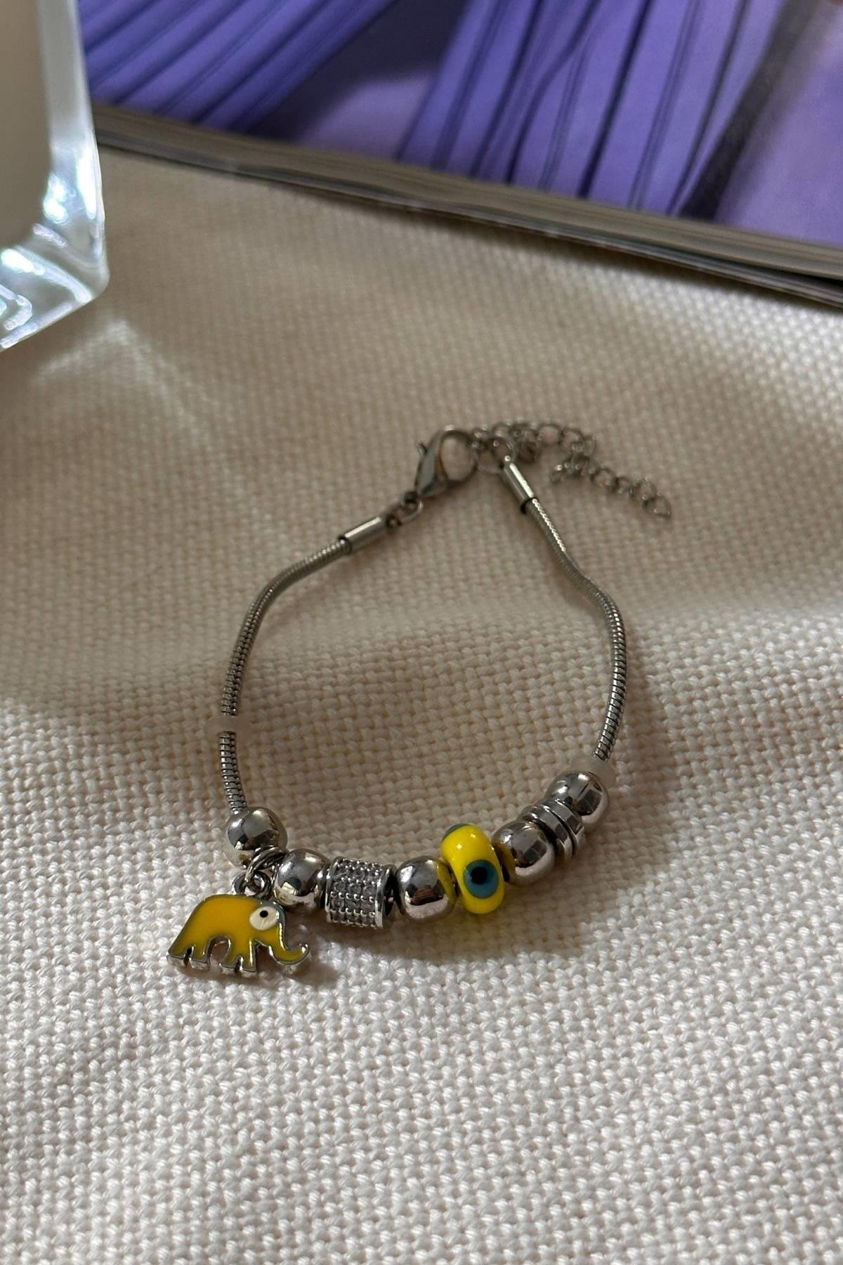 Gümüş Renk Sarı Renkli Fil Bileklik