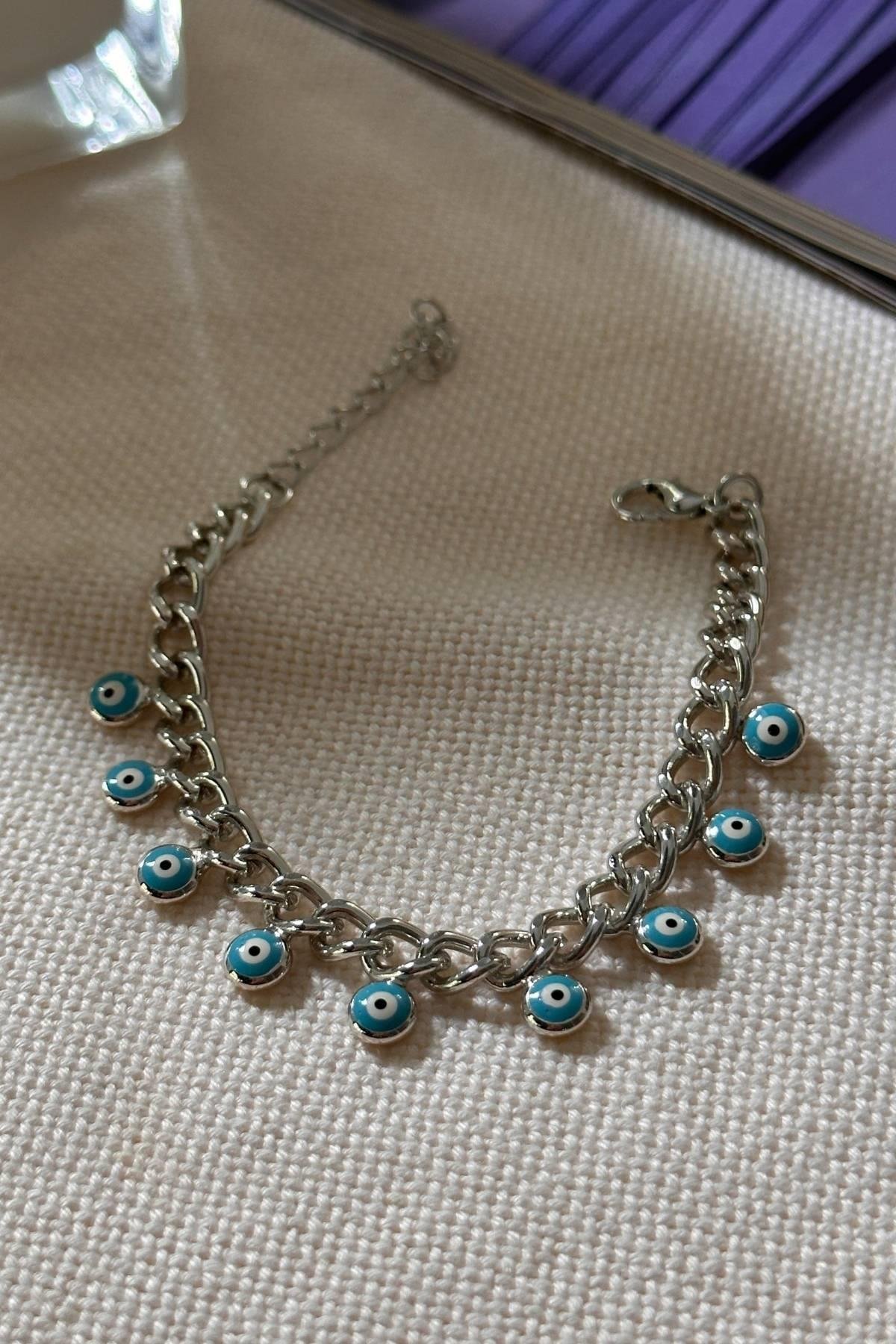 Gümüş Renk Turkuaz Mineli Nazar Bileklik