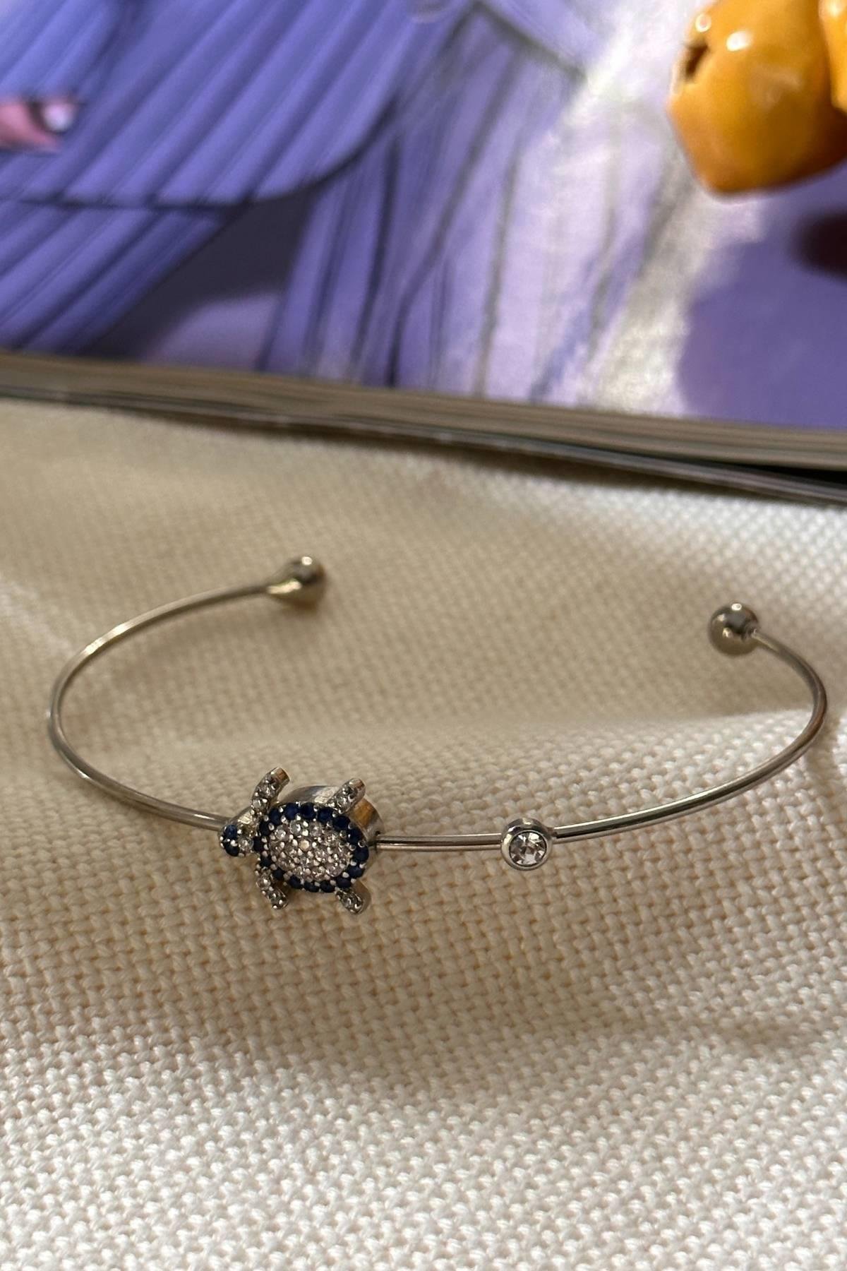 Gümüş Renk Zirkon Taşlı Kaplumbağa Model Kelepçe