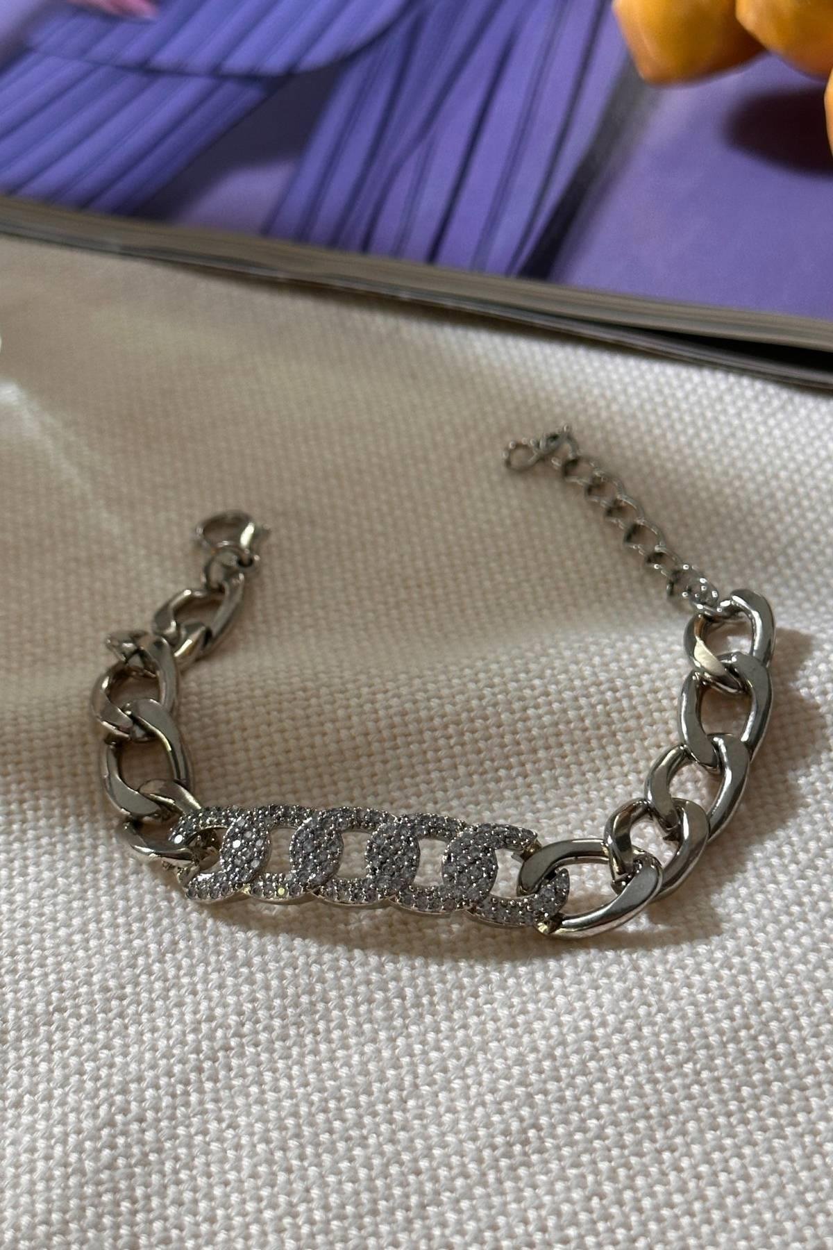 Gümüş Renk Zirkon Taşlı Zincir Bileklik