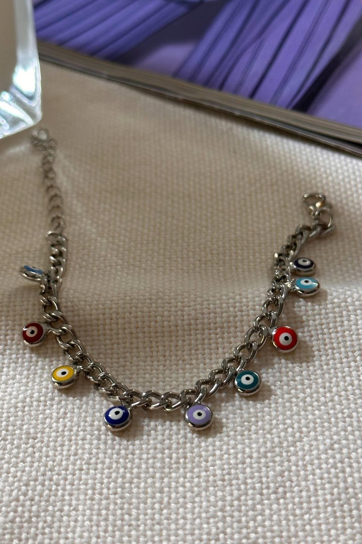 Gümüş Renkli, Renkli Mineli Nazar Bileklik