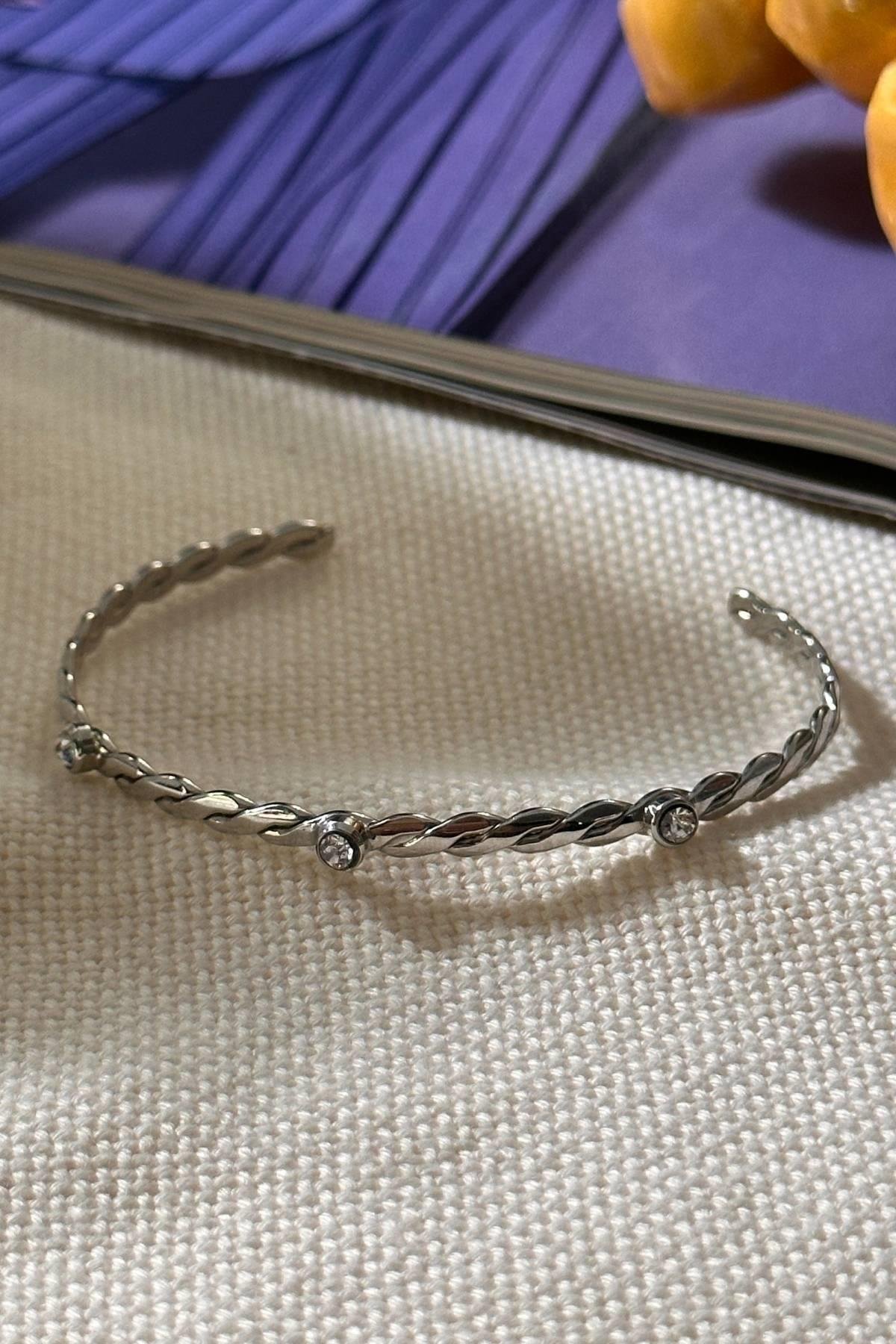 Gümüş Renkli Taşlı Kelepçe