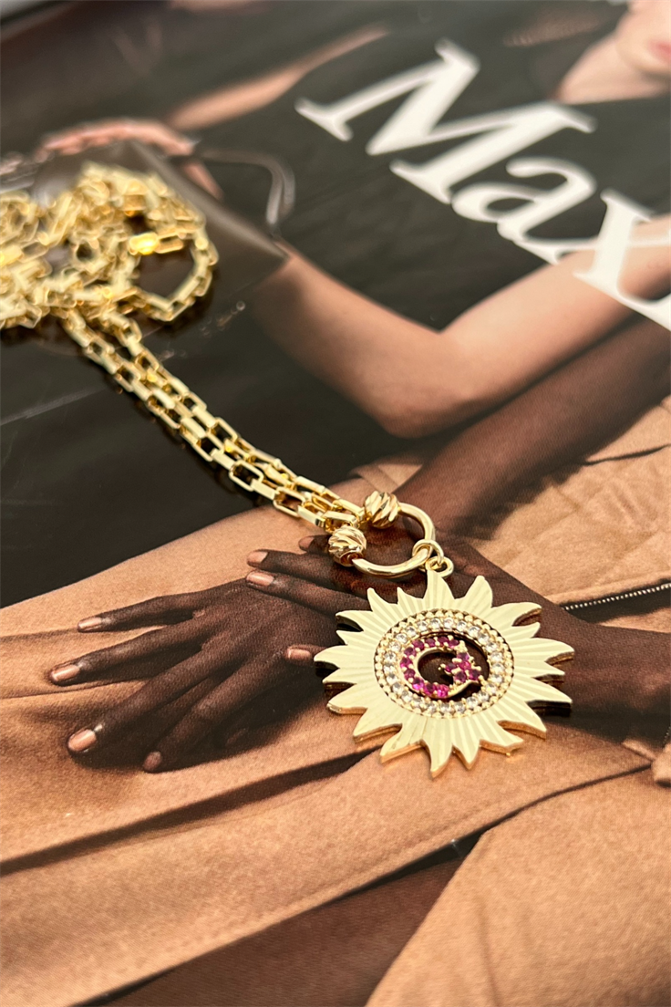 Güneş mODEL Kırmızı Ay Yıldız Zirkon Taşlı Kolye Gold