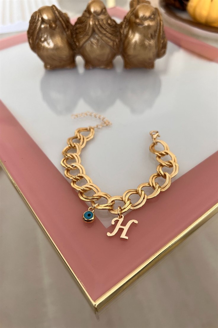 H Harfli Nazar Sallantılı Çift Zincir Bileklik Gold