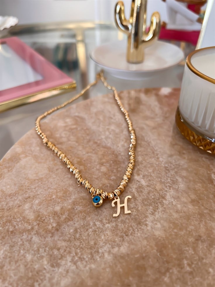 H Harfli ve Nazar Detaylı Dorika Kolye Gold