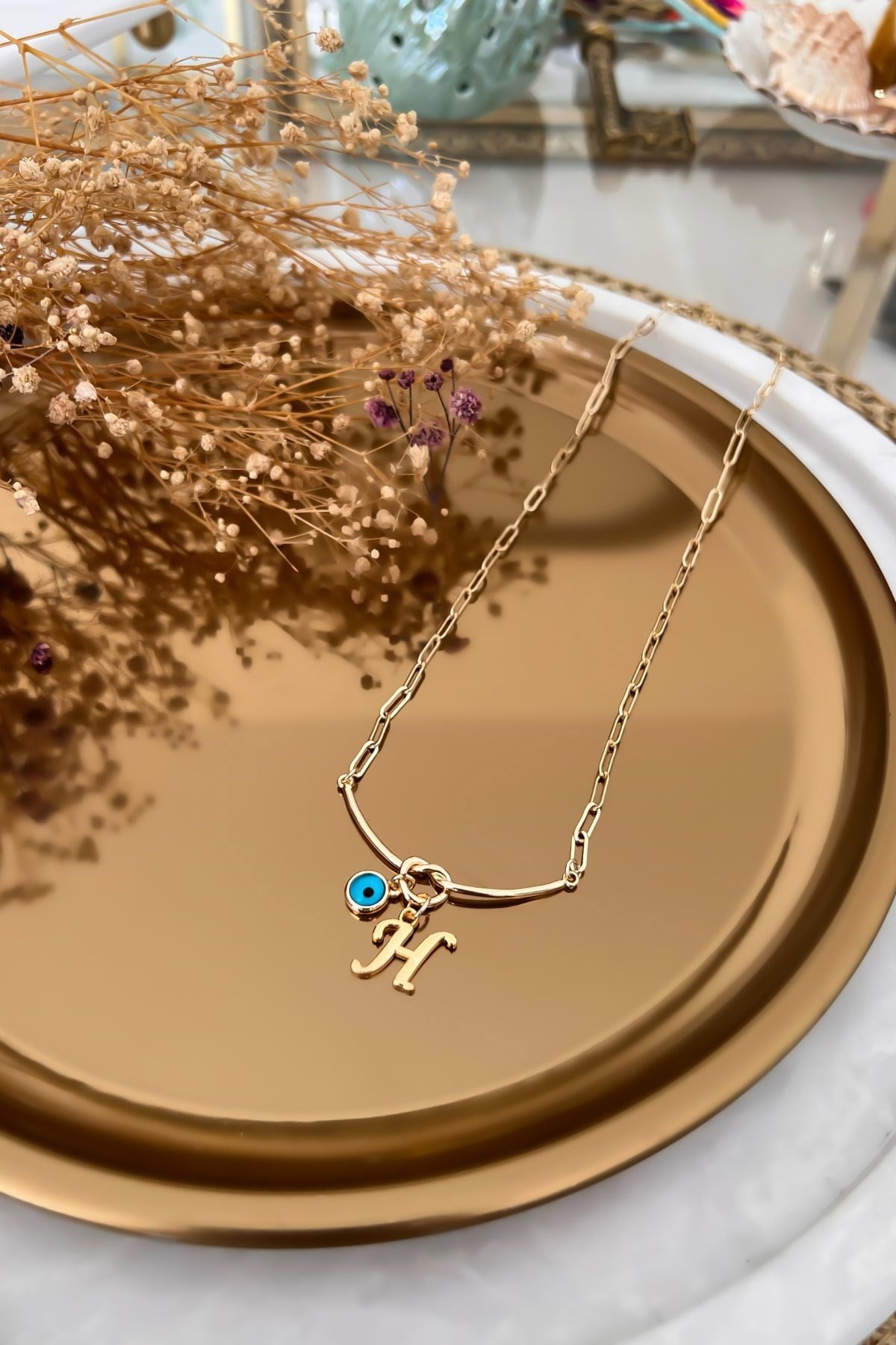 H Harfli ve Nazar Sallantılı Düğüm Kolye Gold