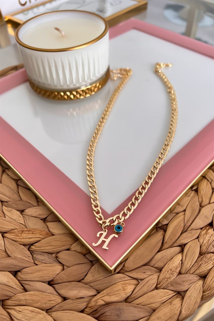 H Harfli ve Nazar Sallantılı İnce Nostalji Zincirli Kolye Gold