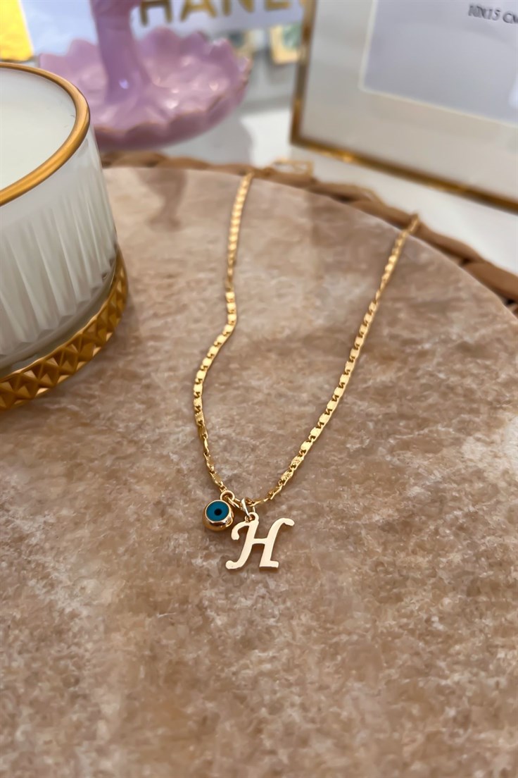 H Harfli ve Nazar Sallantılı İnce Zincirli Kolye Gold