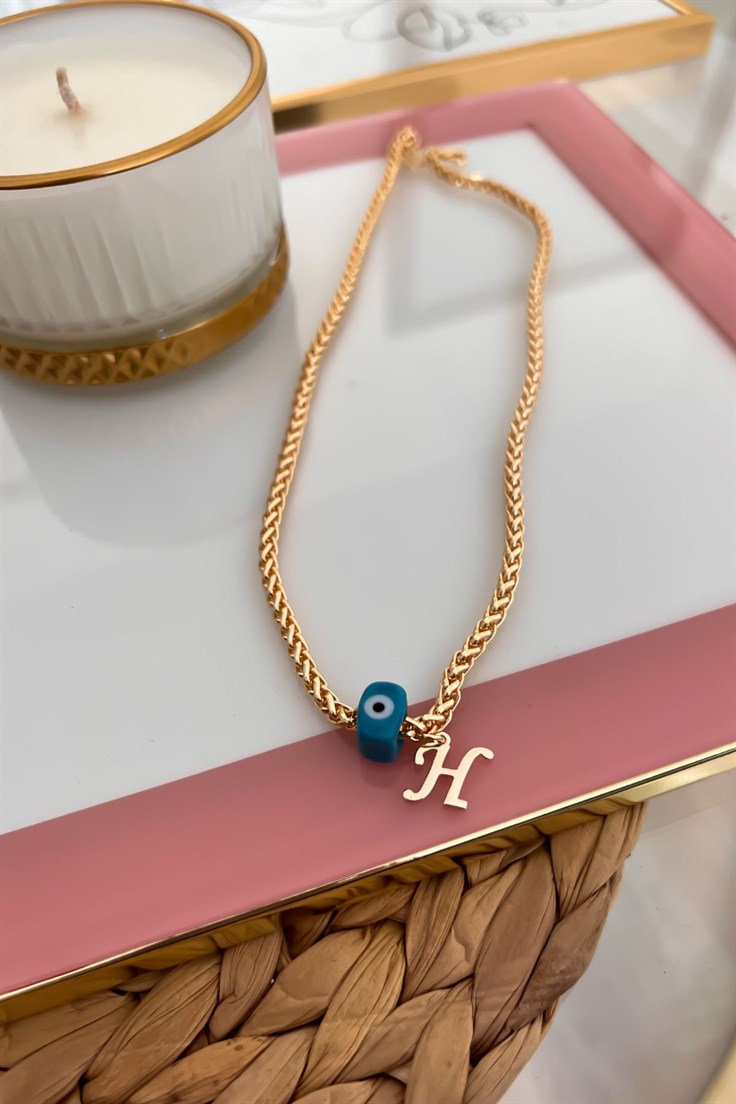 H Harfli ve Nazar Sallantılı Örme Zincirli Kolye Gold