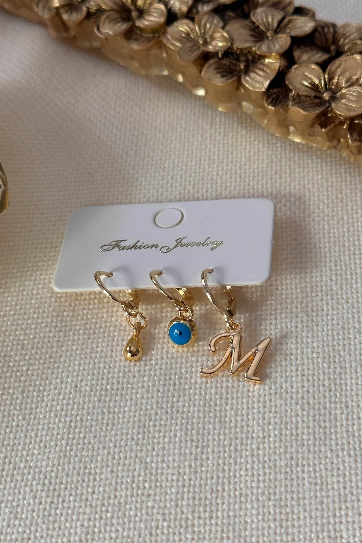 Harfi Seçilebilie Damla ve Nazarlı Set Küpe