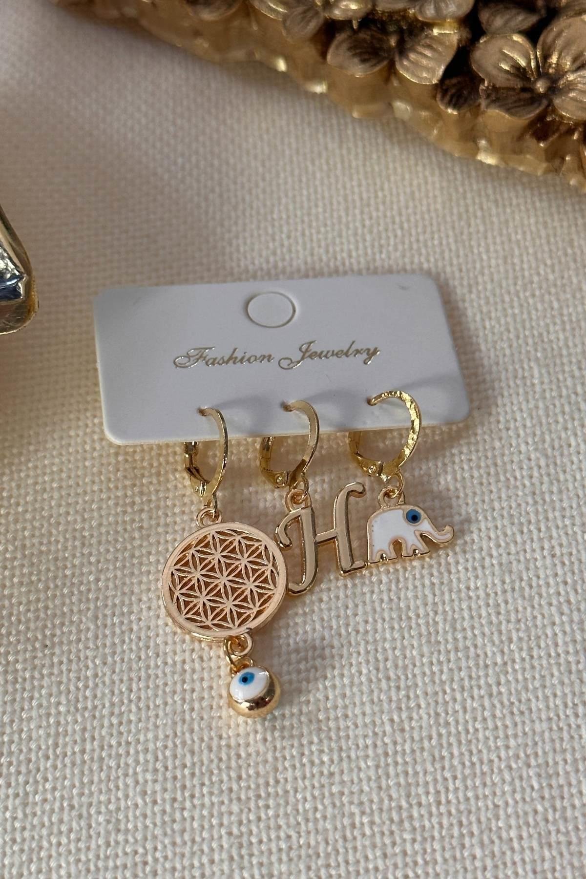 Harfi Seçilebilir Fil ve Yaşam Model Set Küpe