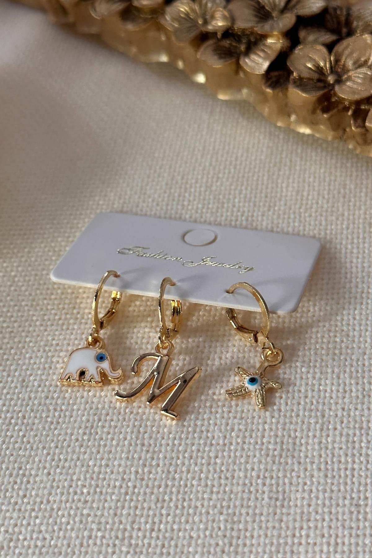 Harfi Seçilebilir Fil ve Yıldız Model Set Küpe