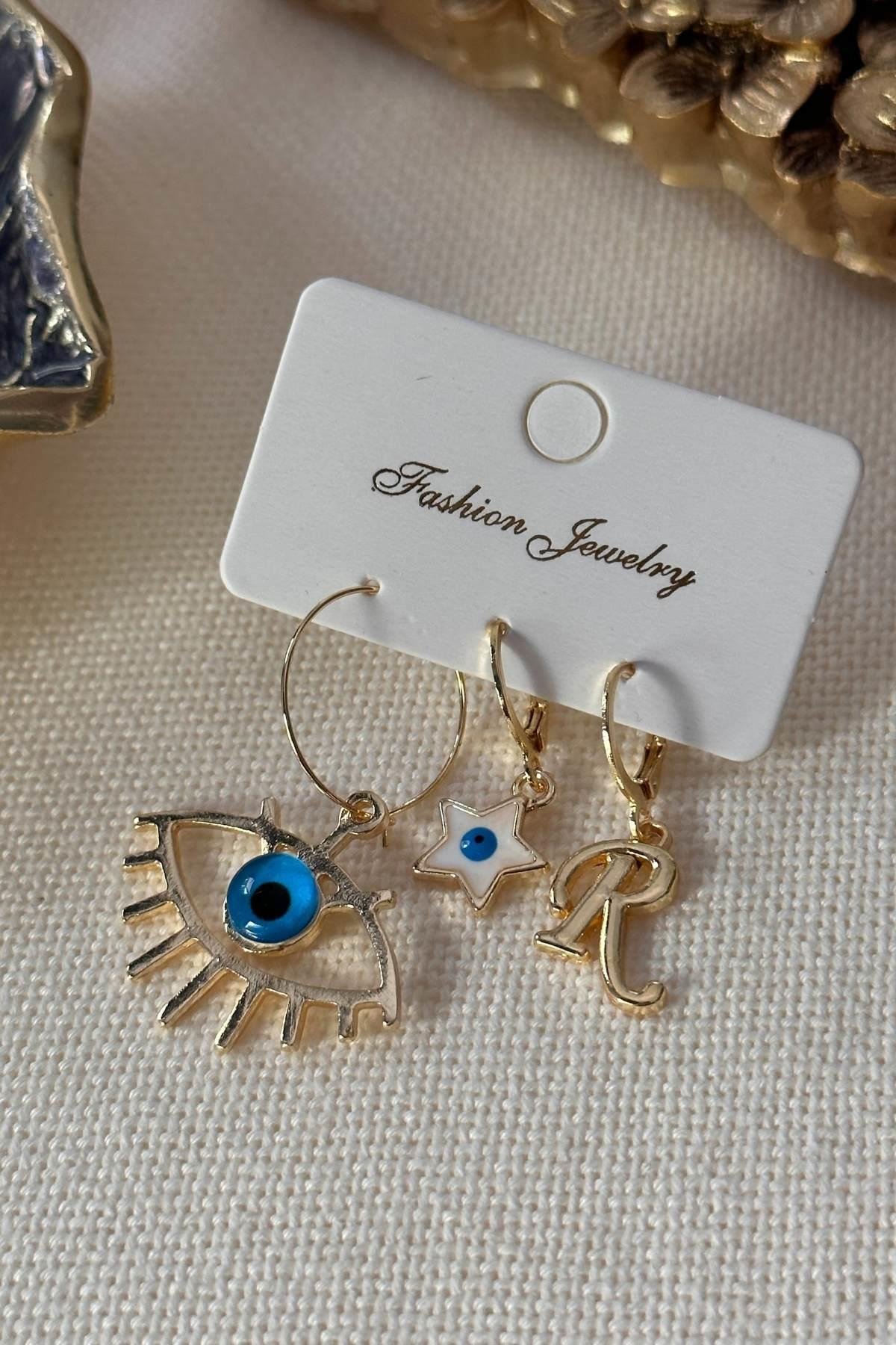 Harfi Seçilebilir Göz ve Yıldız Model Set Küpe