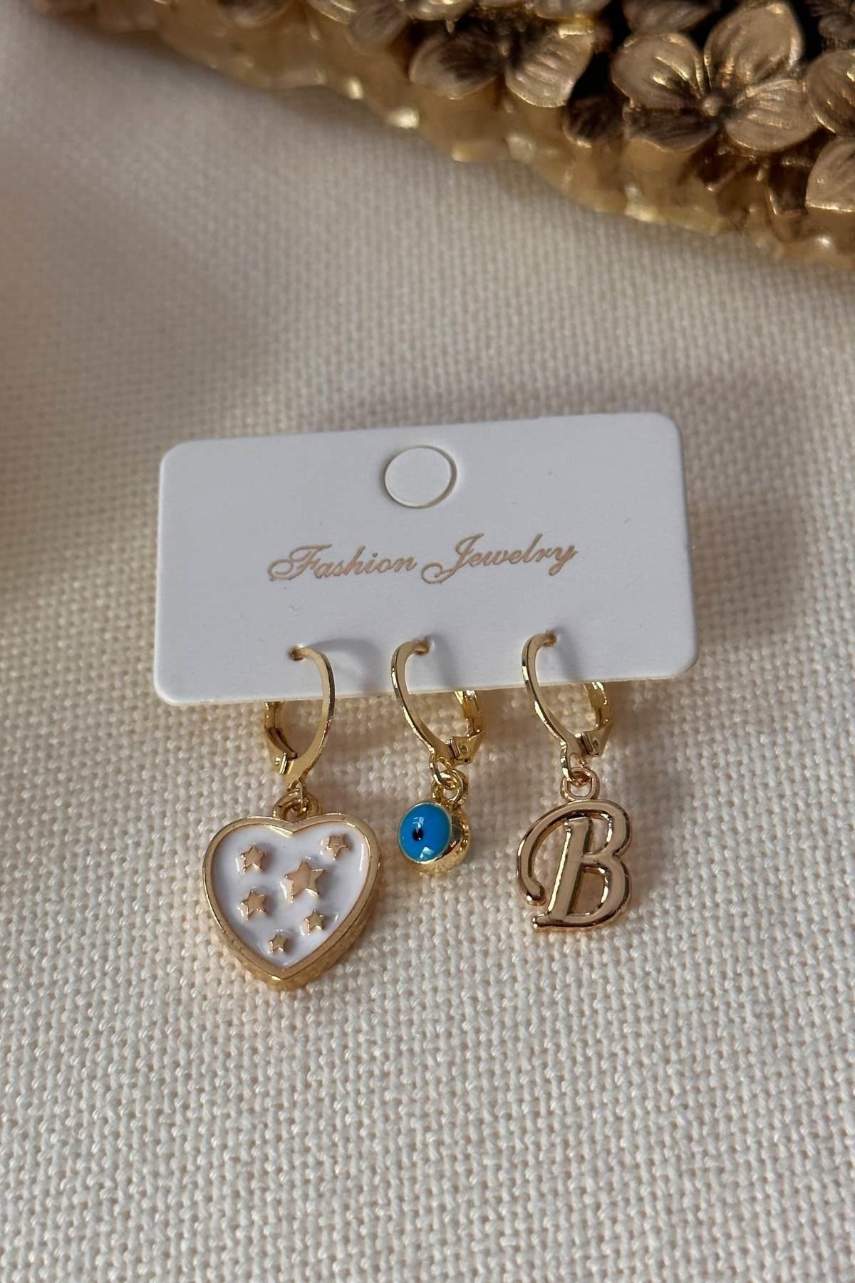 Harfi Seçilebilir Kalpli ve Nazarlı Set Küpe