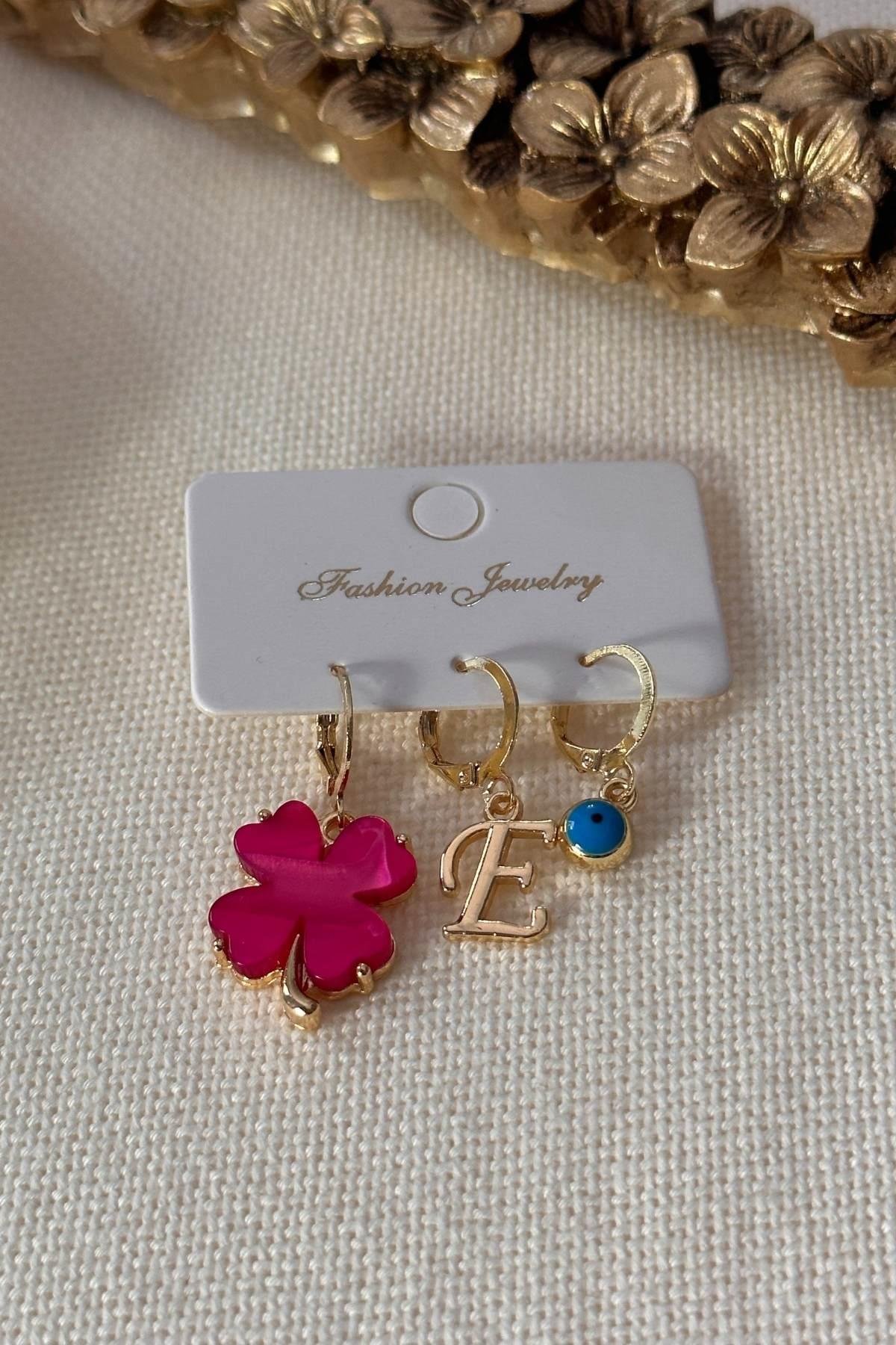 Harfi Seçilebilir Pembe Yonca Model Set Küpe