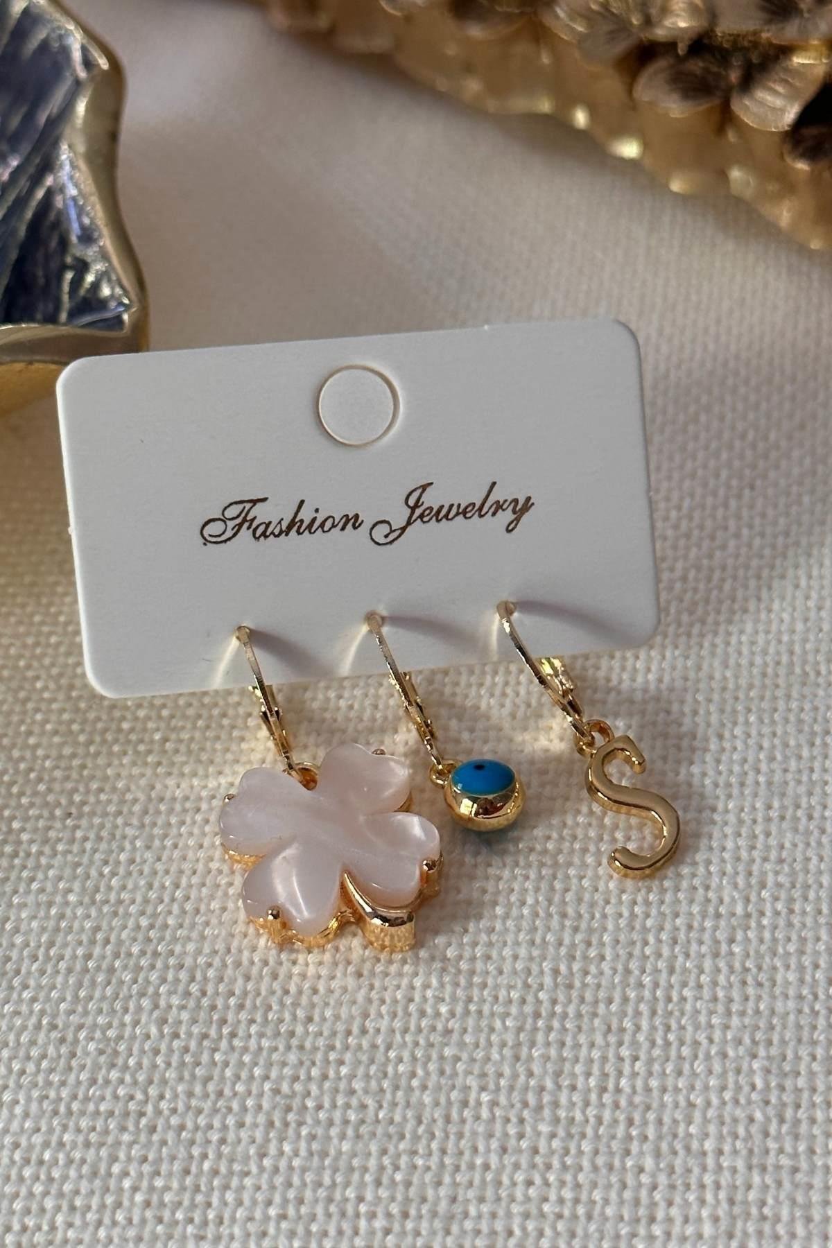 Harfi Seçilebilir Yonca ve Nazar Model Set Küpe