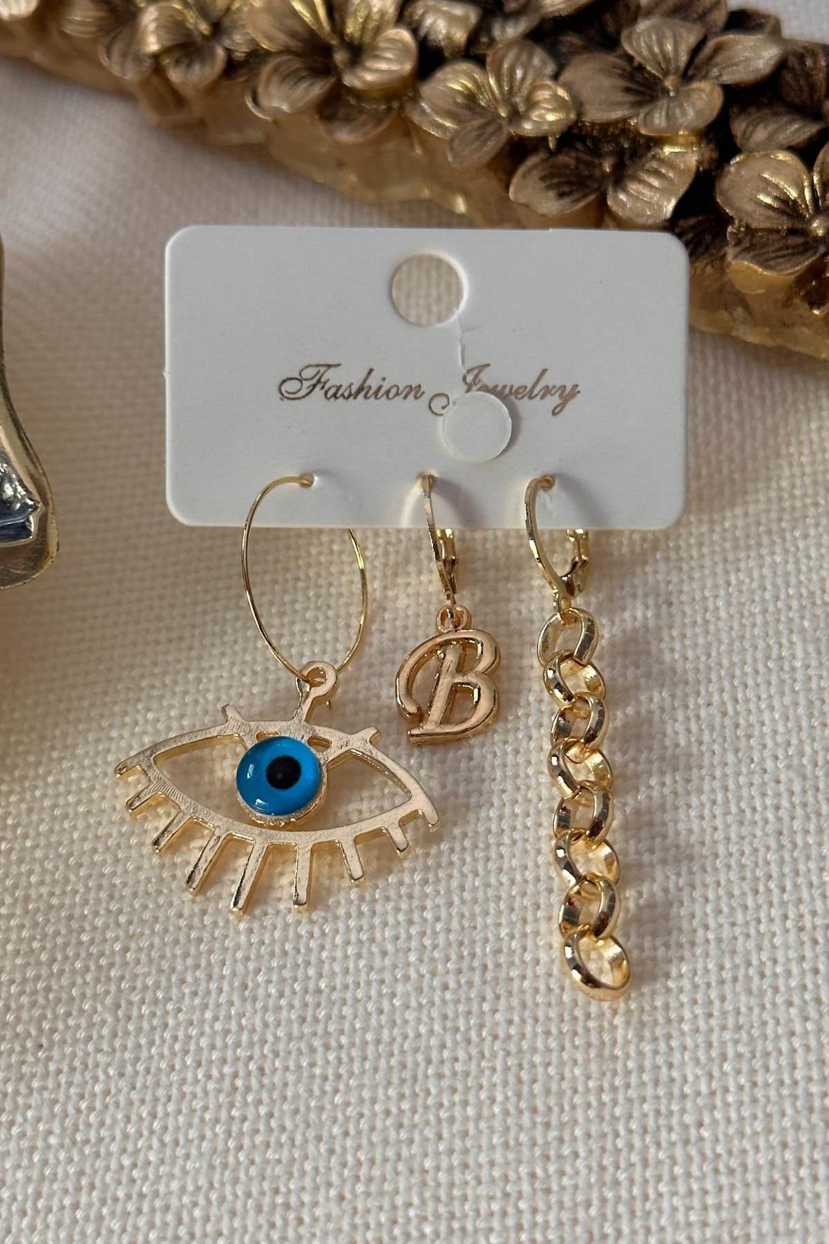 Harfi Seçilebilir Zincir ve Göz Model Set Küpe