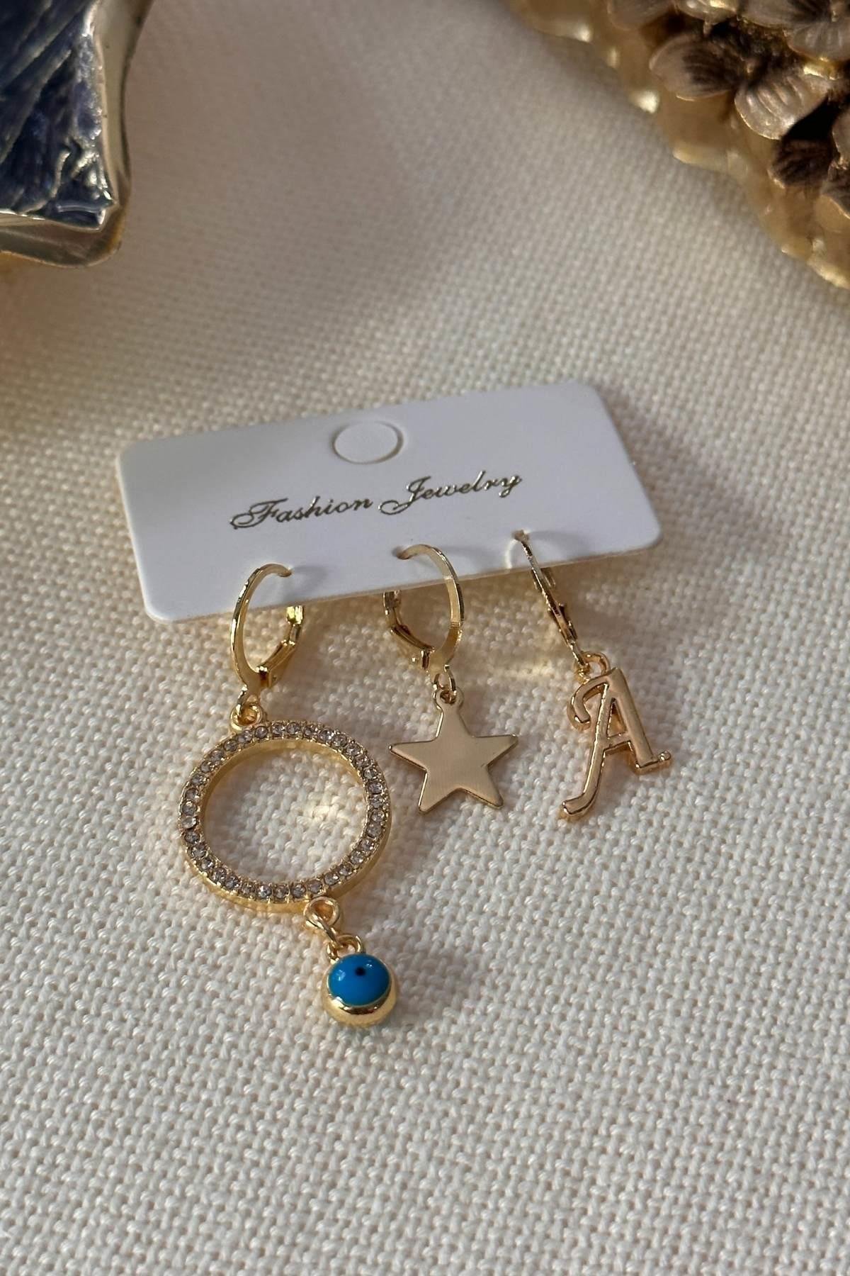 Harfi Seçilebilir Zirkon ve Yıldızlı Set Küpe