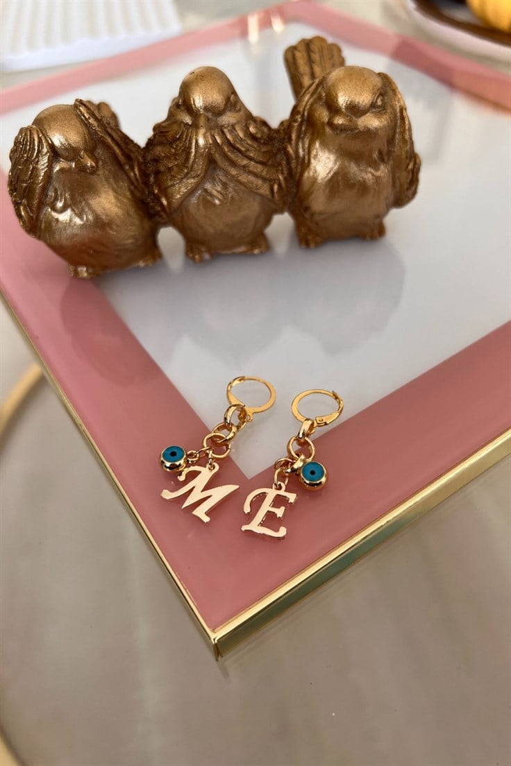 Harfleri Seçilebilir Nazar Sallantılı Küpe Gold